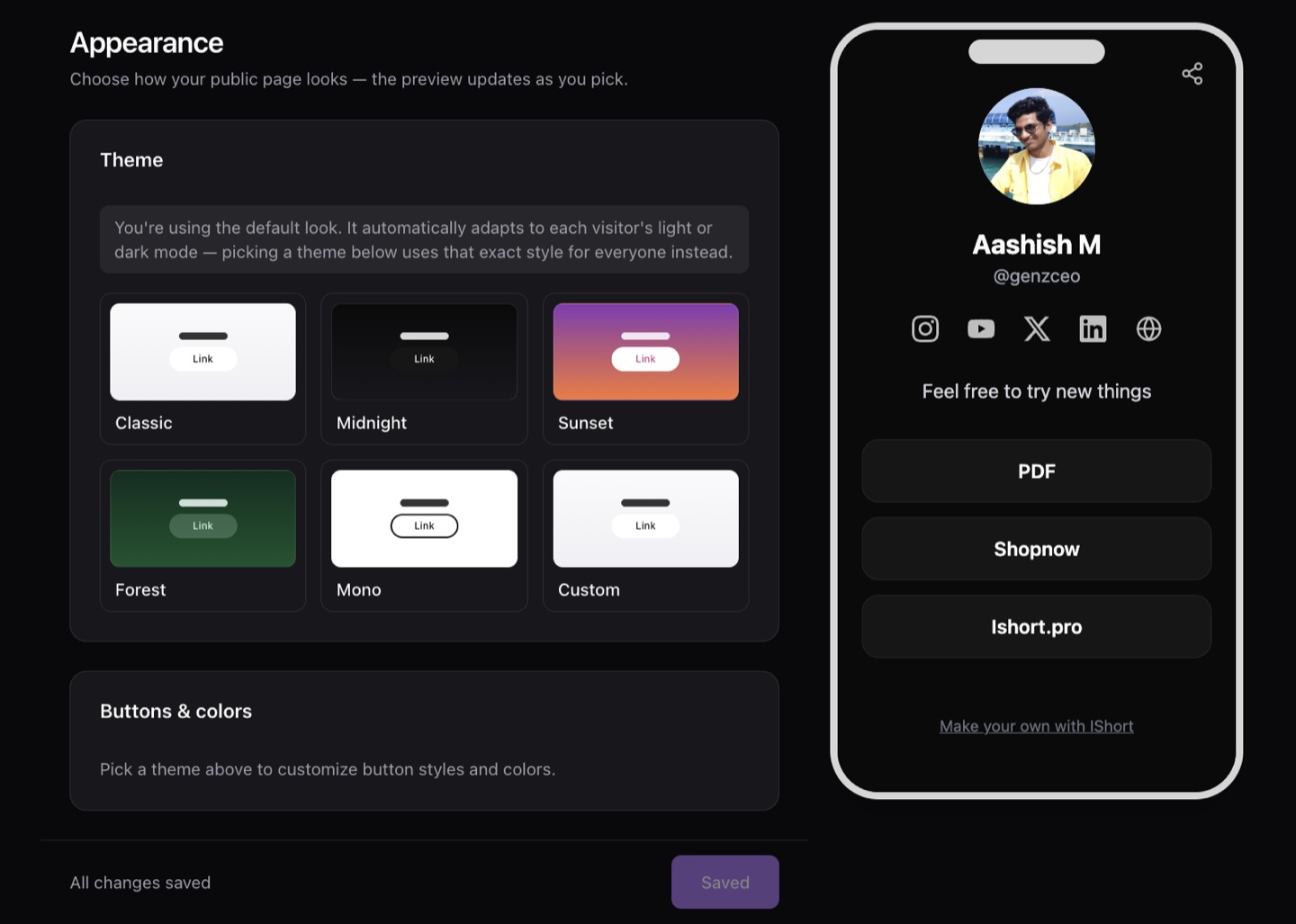 IShort Link in Bio appearance settings showing five theme presets, a custom theme, and a live phone preview
