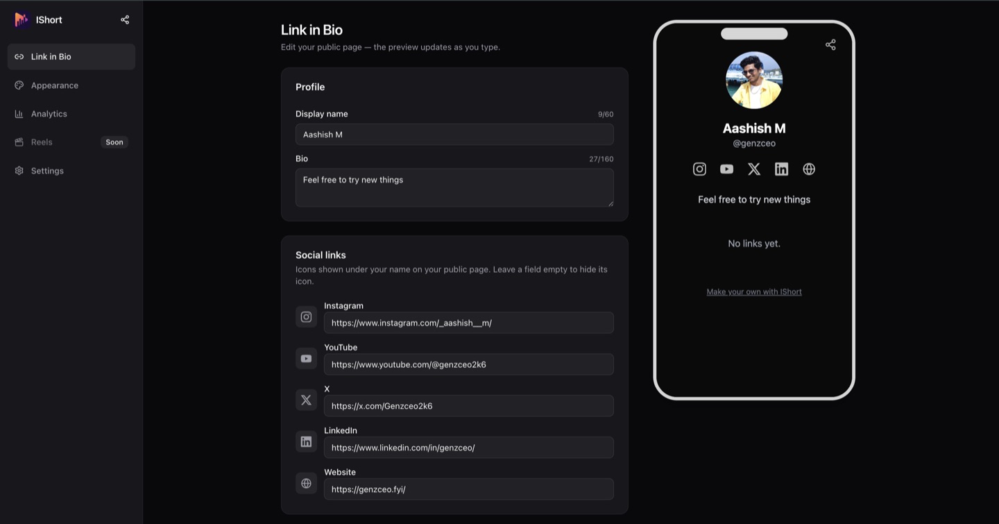 IShort Link in Bio editor showing profile fields, social links, and a live phone preview