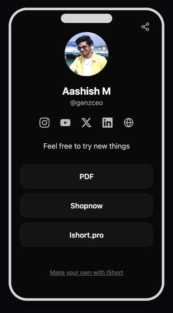 A live IShort public bio page on a phone with an avatar, handle, social icons, and link buttons