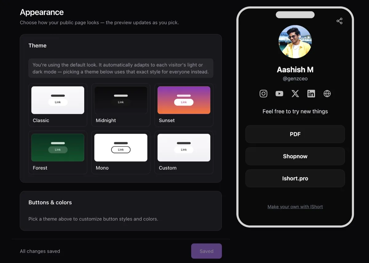 IShort Link in Bio appearance settings showing five theme presets, a custom theme, and a live phone preview